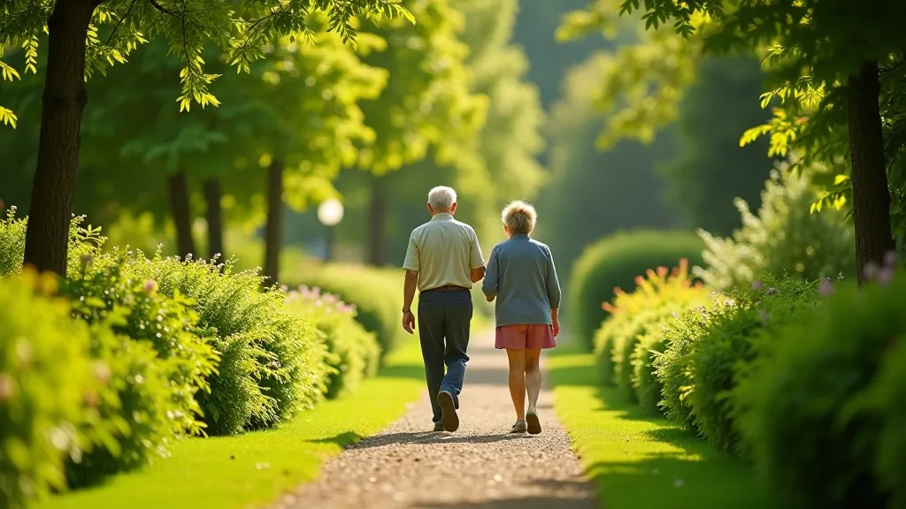 Seniori pastaigājās pa botānisko dārzu — mierīga darbība, zaļš fons, saulains dienas gaisma